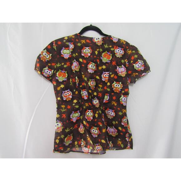 White Cross Scrub Top S Brown Owl Print Autumn Leaves Medical Uniform - Picture 2 of 6